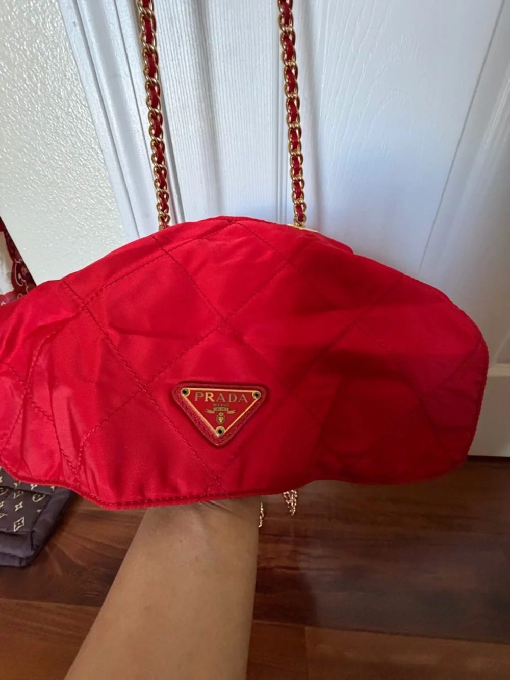 Prada Red Quilted Nylon Shoulder Bag with Gold Chain - Picture 9 of 13